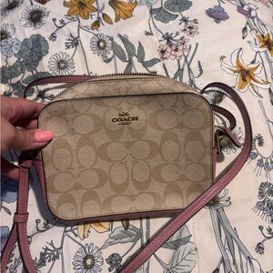 Coach Tan and Pink Crossbody Bag with Signature Monogram